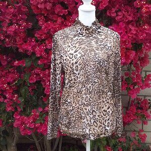 Chico's Women's Mock Turtleneck Top Size Med Long Sleeve Animal Print Preppy